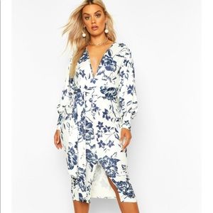 Plus Floral Print Plunge Tie Waist Midi Dress